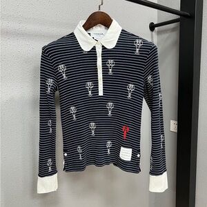 Authentic Thom Browne Navy and White Striped Shirt with Red Lobster